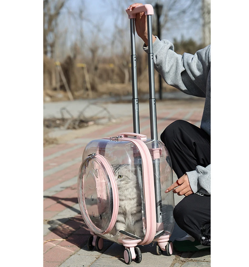 Pet Dog Cat Trolley Suitcase Luggage with Wheels Carrying Transparent Suitcase Breathable Pet Cat Carrier Backpack Pet Stroller