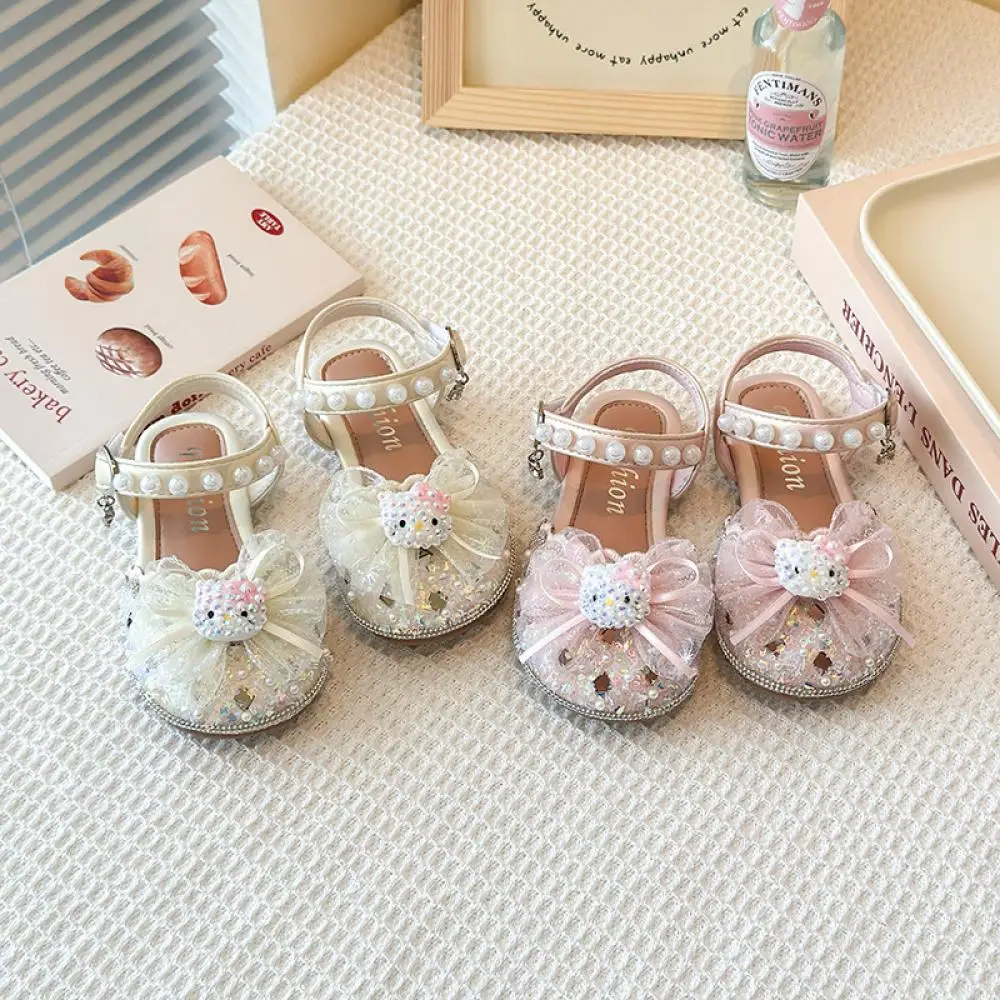 

Сандалии Sanrio Kuromi для девочек, летние детские туфли принцессы со стразами и бантом, удобная пляжная обувь для отдыха с мягкой подошвой