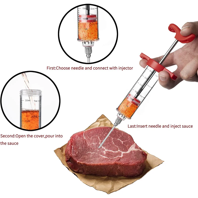 LMETJMA Meat Injector Syringe With 3 Marinade Injector Needles for BBQ Grill Turkey Injector Kit Marinade Flavor Injector JT104