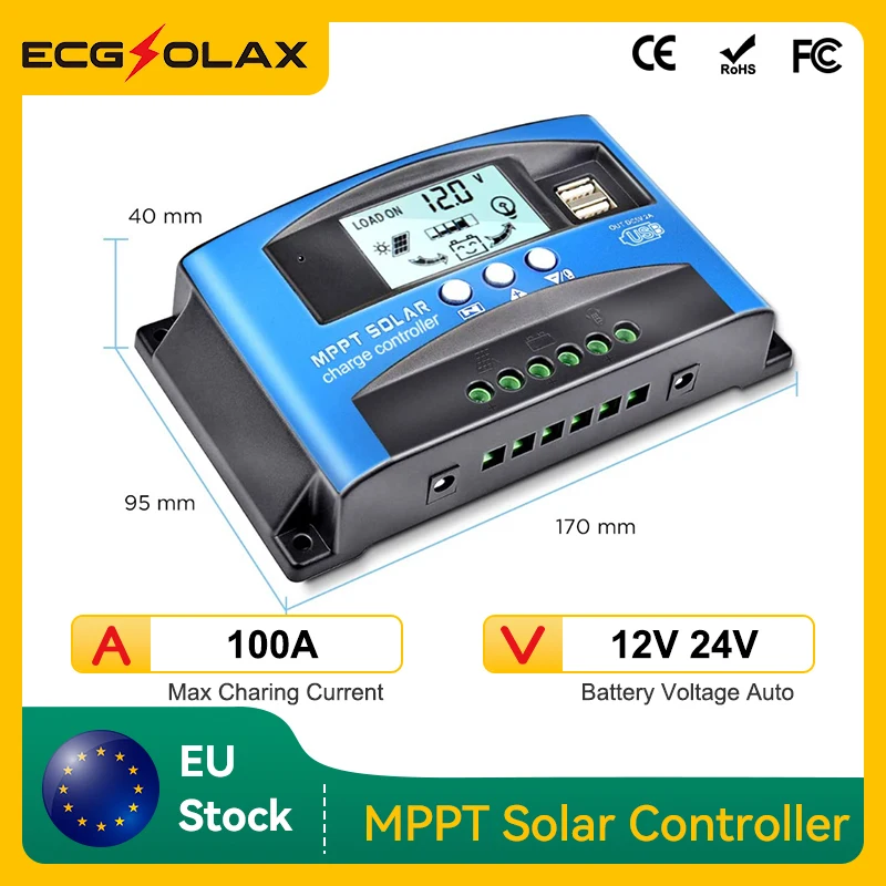 ECGSOLAX 100A MPPT Solar Charge Controller Dual 5V USB LCD Display 12V 24V Auto Solar Cell Panel Charger Regulator