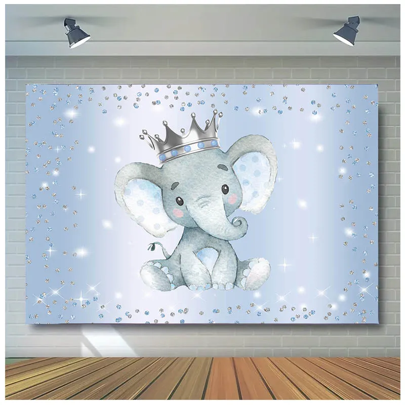 Prince Elephant Background For Photography Silver Crown Newborn Boy Baby Birthday Light Bluey Backdrop Party Decor Photo Studio