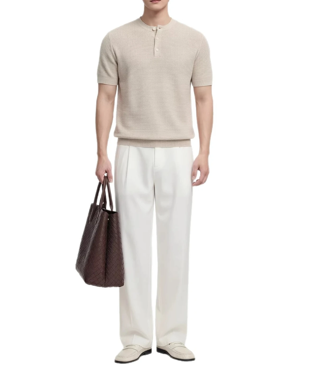 Old Money Breathable Henry Neck Knitted Short Sleeve Men's Casual Business T-Shirt Summer