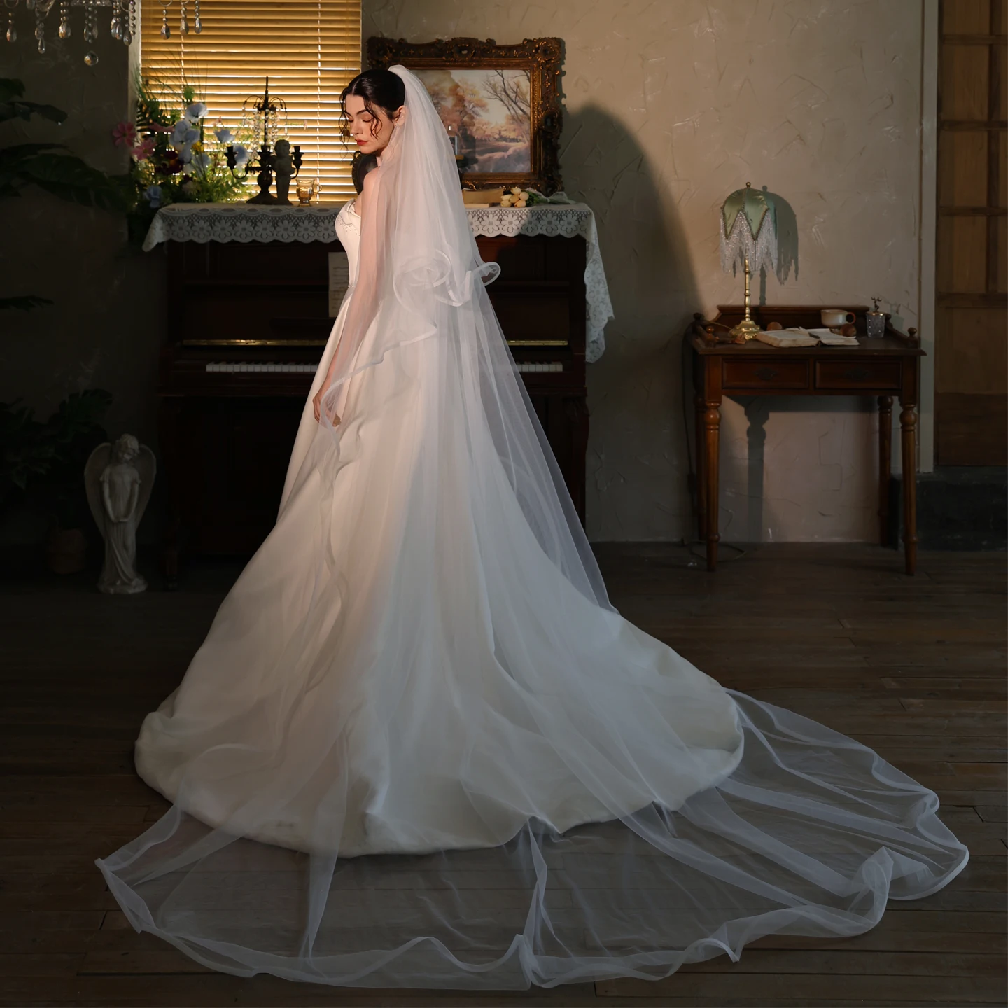 

V531 French Edge Bridal Veil Long Double Layer Wedding Dress Train Wedding Dress Headpiece Cover Face Ceremony Headwear