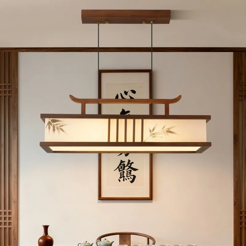 Zen Oriental Linear Pendant Light Wood Frame Bamboo Print Lampshade Hanging Lamp Fixture Bedroom Dining Room Tea Room Hotel Hall