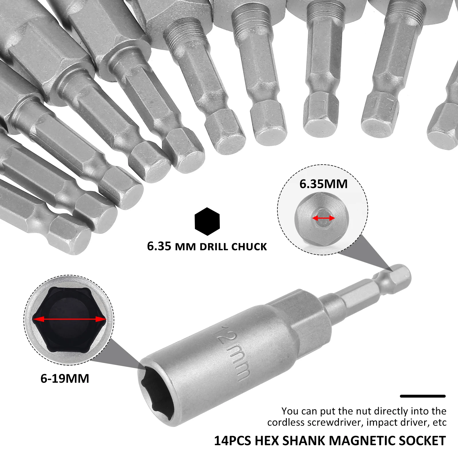 14Pcs  6-19mm Deep Socket Adapter Set Hex Shank Nut Driver Bits Set Nut Setter Drill Bit Set Magnetic Hexagonal Sockets Set