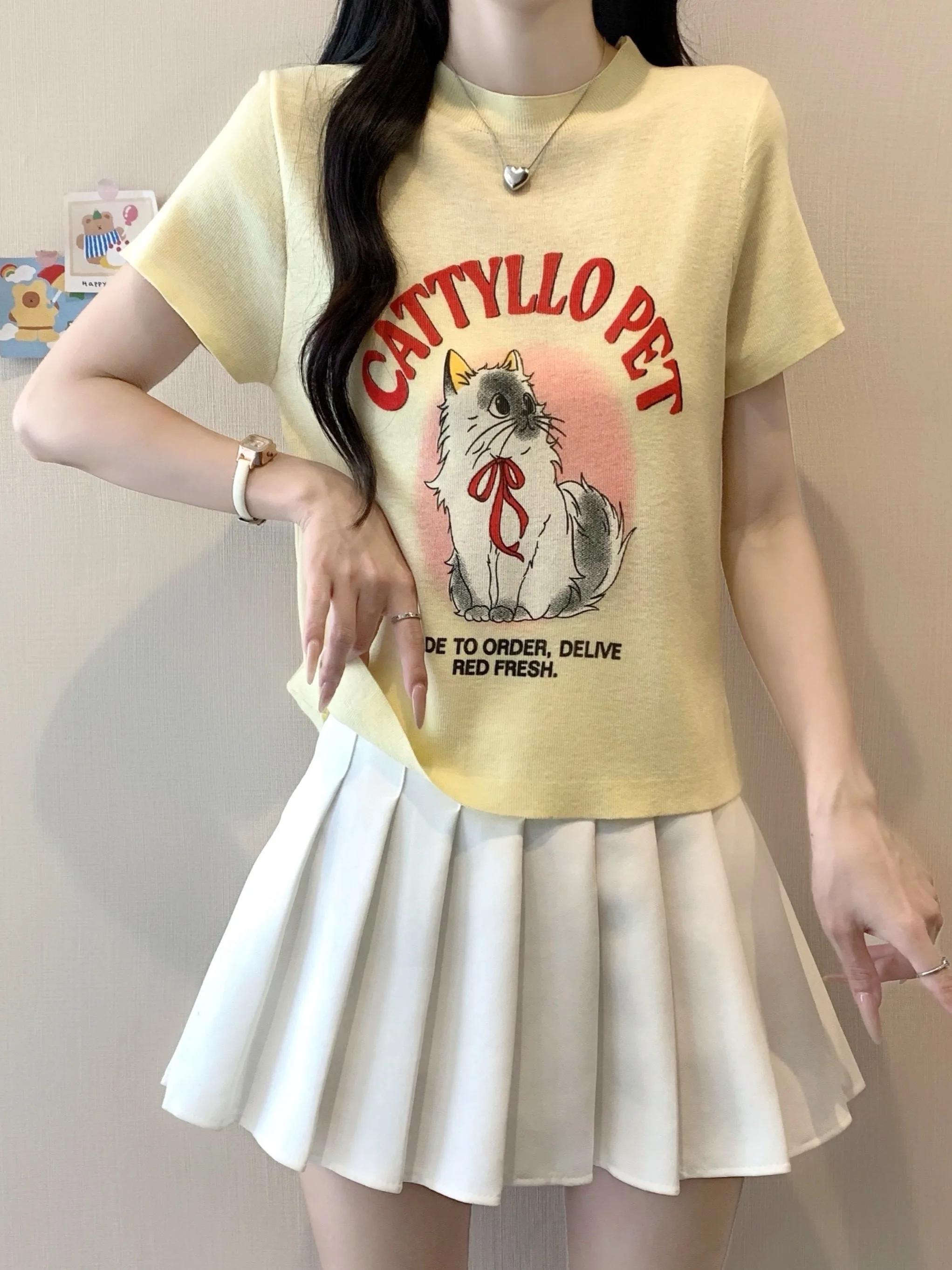 

Slim Fit Short Sleeve Knitted Thin T-Shirt Women's Summer New Style Cartoon Print Casual Commute Style Korean Version Top