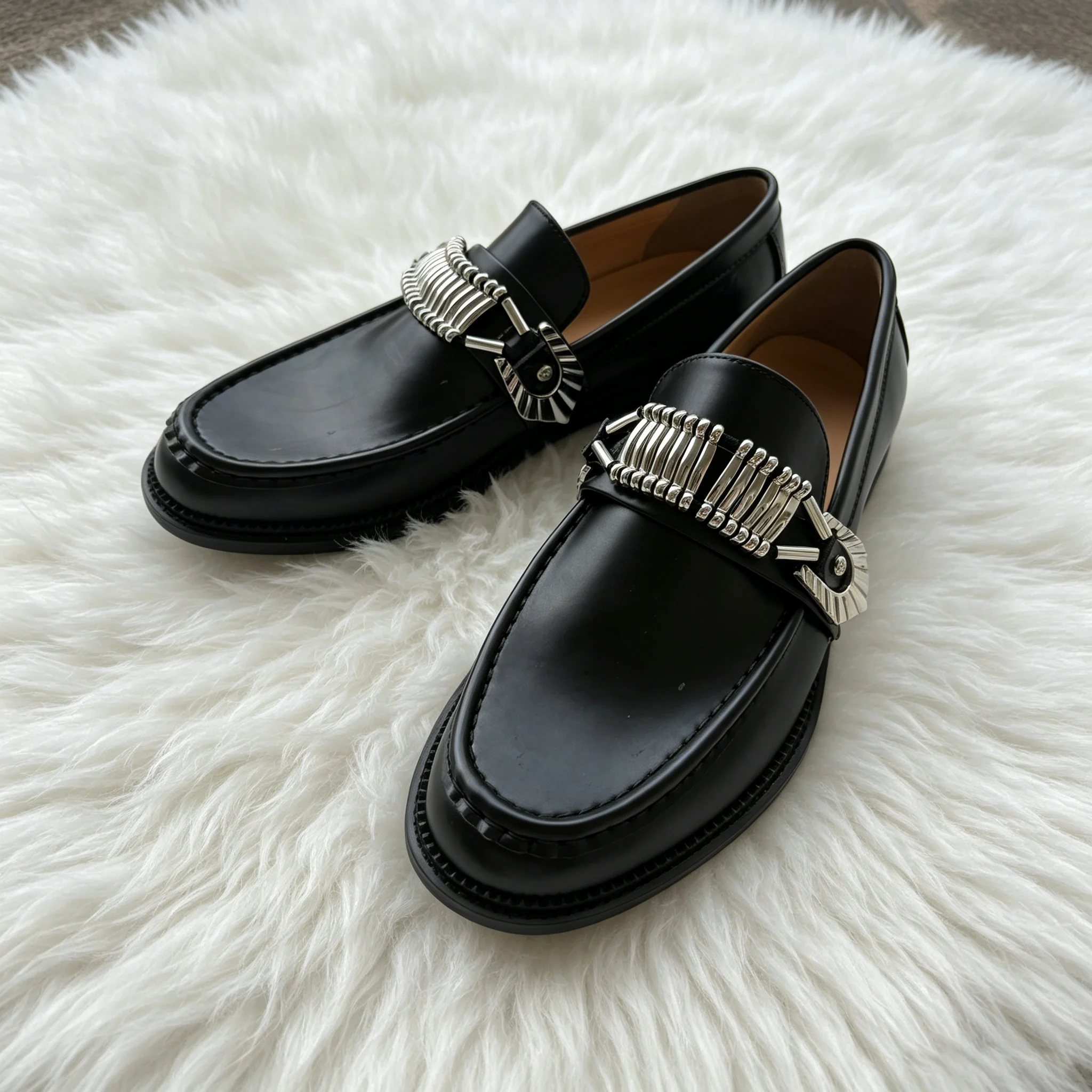 Men's Black Leather Loafers Silver Metal Buckle Slip-On Fashion Dress Shoes