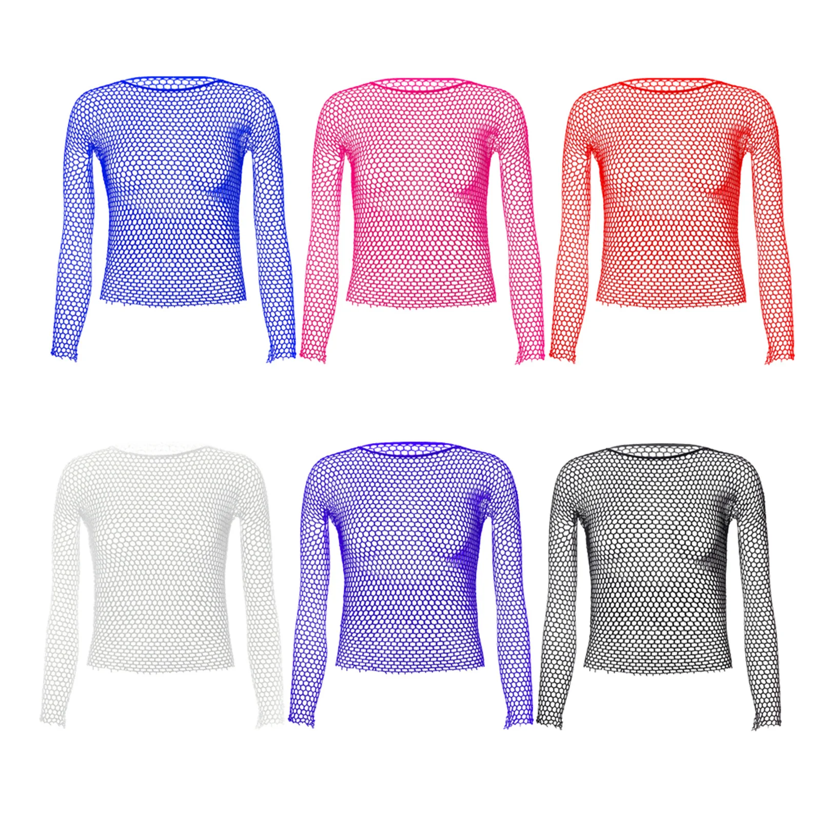 Mens See-through Fishnet T-Shirt Rave Party Nightclub Pole Dacing Stage Performance Costume Long Sleeve High Stretch Mesh Tops