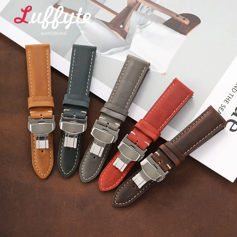 Retro Herren Crazy Horse Leder Uhrenarmband mit Schnellverschluss und Faltschließe 18mm 20mm 22mm Ersatz-Uhrenarmband