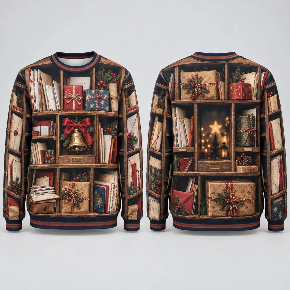 Funny Christmas Mail Sweaters Deliver Winter Spirit with an Ugly Christmas Sweater Scene of Postboxes Parcels and Snowy Routes