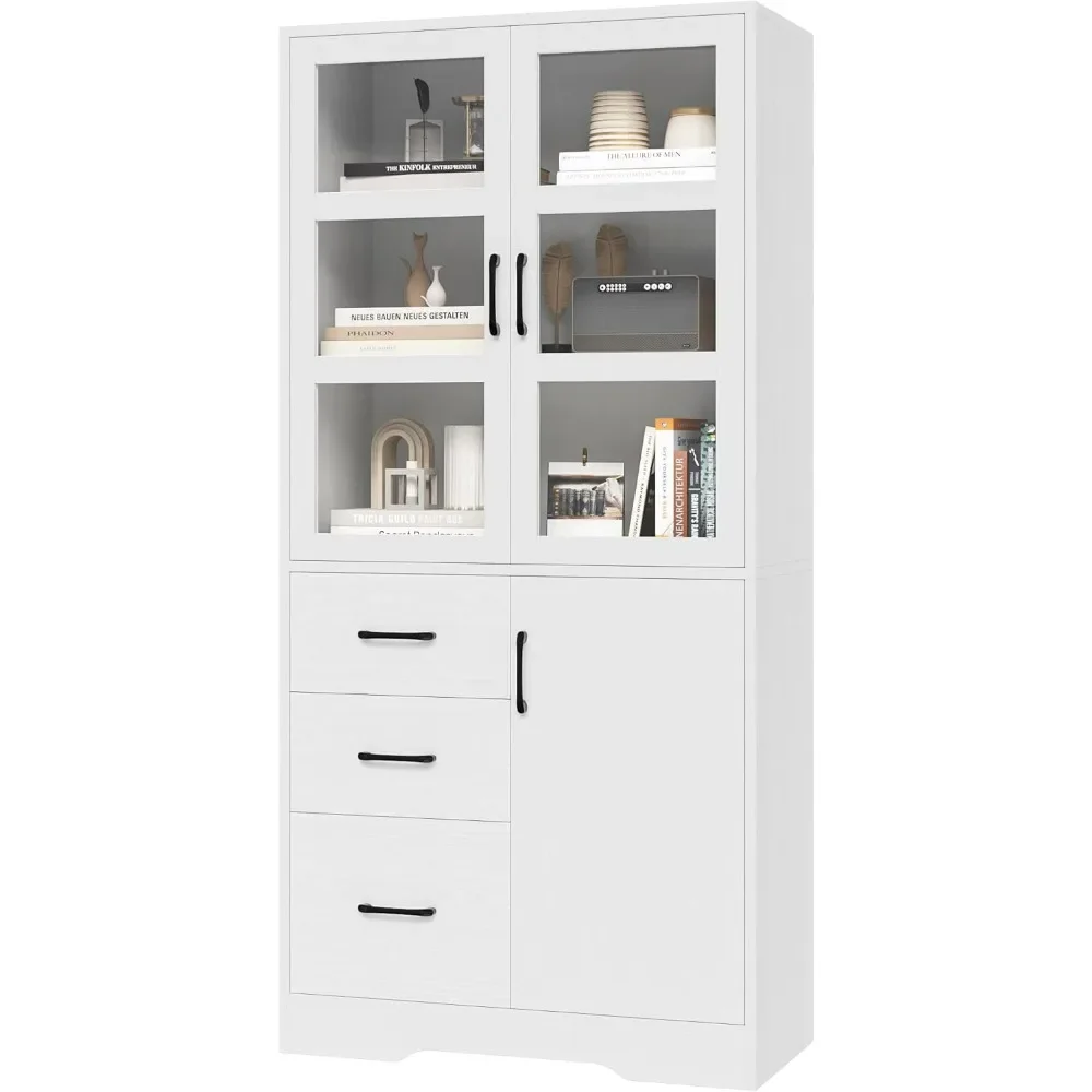 Modern standalone tall bathroom storage cabinet with 2 glass display doors, shelves and drawers, 67 inch H-height cabinet