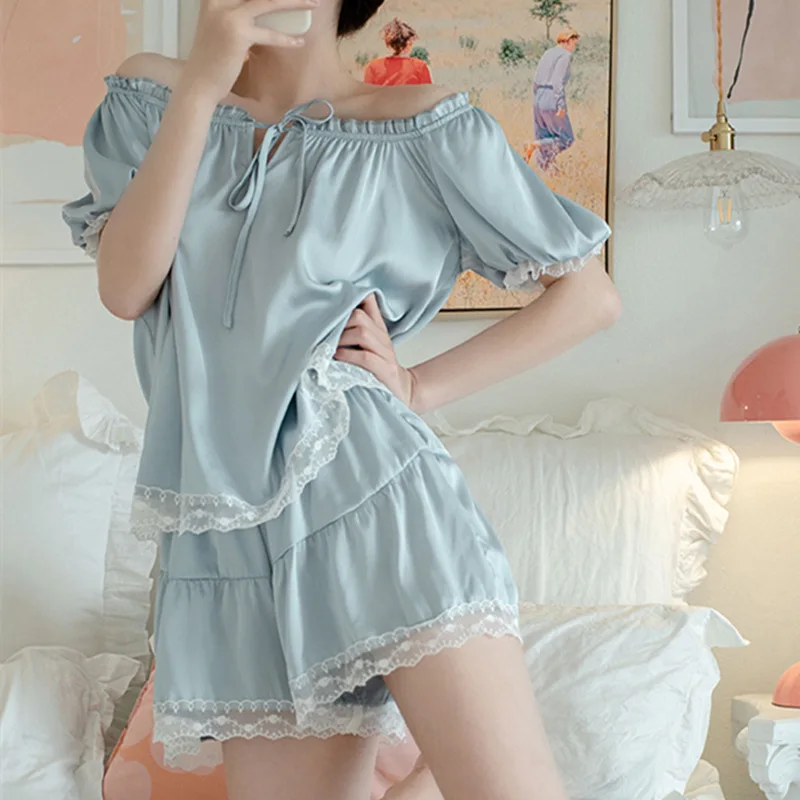 

Sweet Lace Pajamas For Women New Pijama Mujer Short Sleeve Shorts Set Summer Sleepwear Female Thin Nightwear Home Clothes