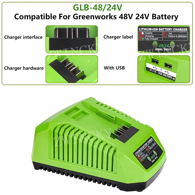 For Greenworks Li-ion Battery Charger 48/24V 5-Pin Electric Tool Batteries Chargers Replacement Dual USB EU/US/AU/UK plug