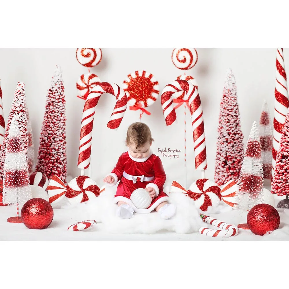 Red Christmas Tree Backdrop Candy Cane Newborn Photography Props Child Birthday Photo Background Cake Smash Backdrops Photocall