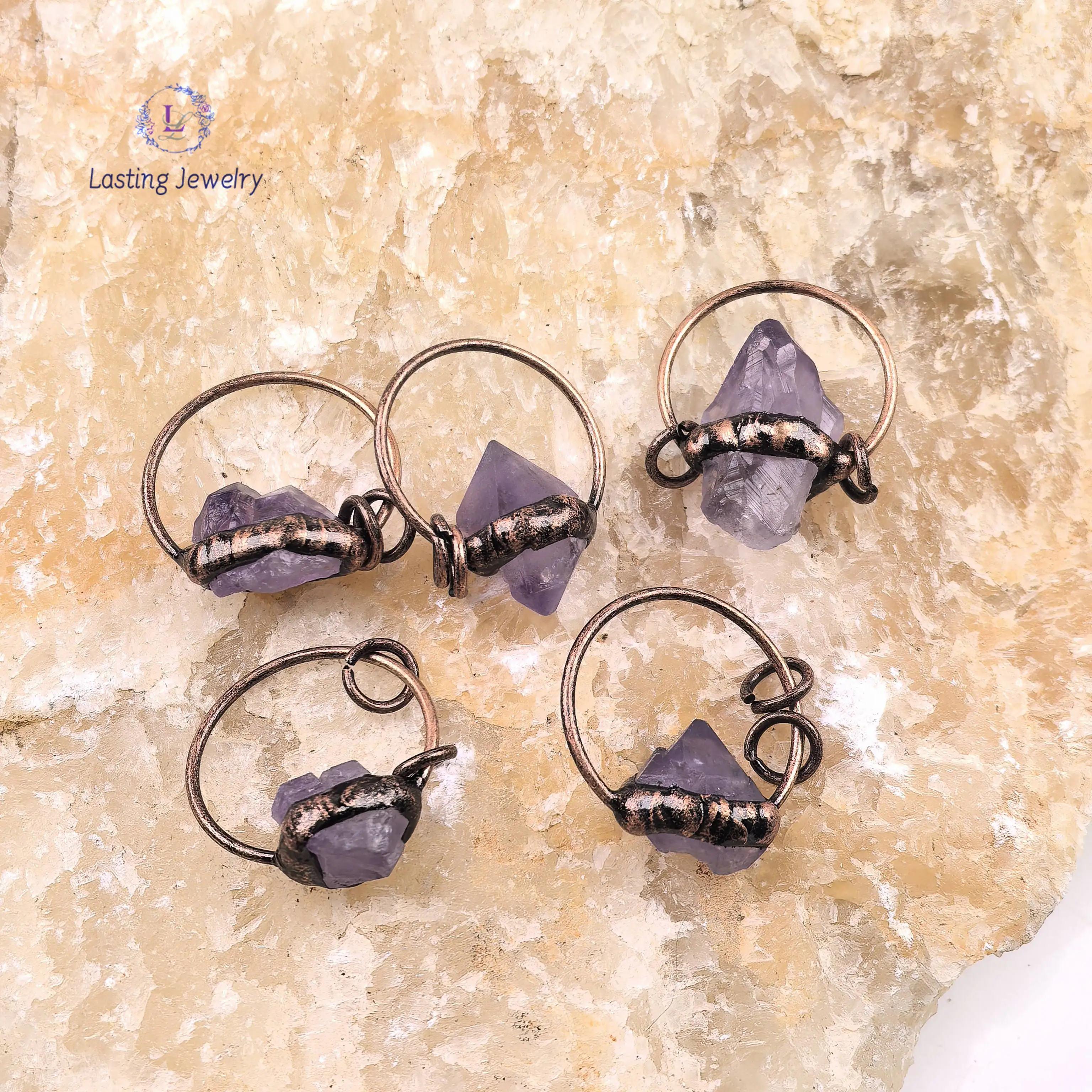 

Antique Copper Hoop Raw Amethyst Pendants,Healing Reiki Crystal Irregular Quartz Geode Druzy Vintage Necklace Jewelry Making