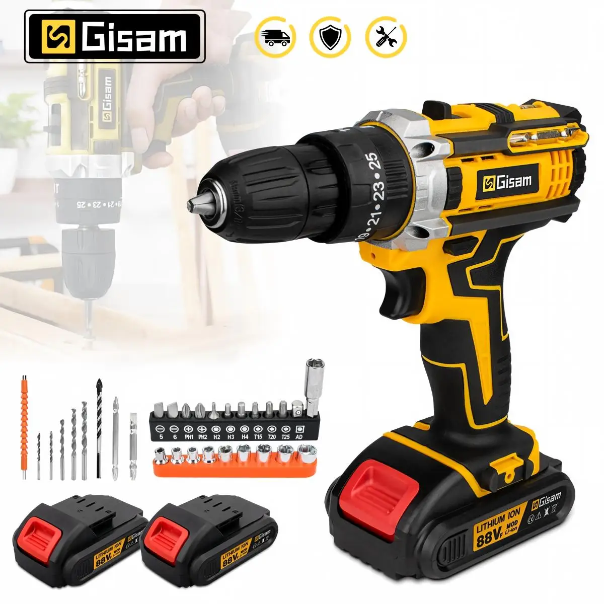 Perceuse à percussion électrique Gisam 25+3 Torque, tournevis sans fil multifonctionnel, outil électrique pour bricolage domestique, compatible avec batterie Makita 18V