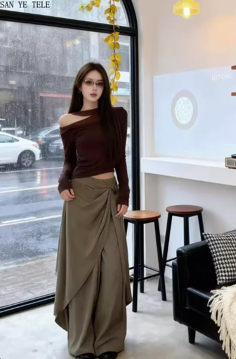 Irregular Ribbon Women Casual Suit Pants Vintage Loose Spliced Japanese Design Fake Two Pieces Wide Leg Long Fashion Pants