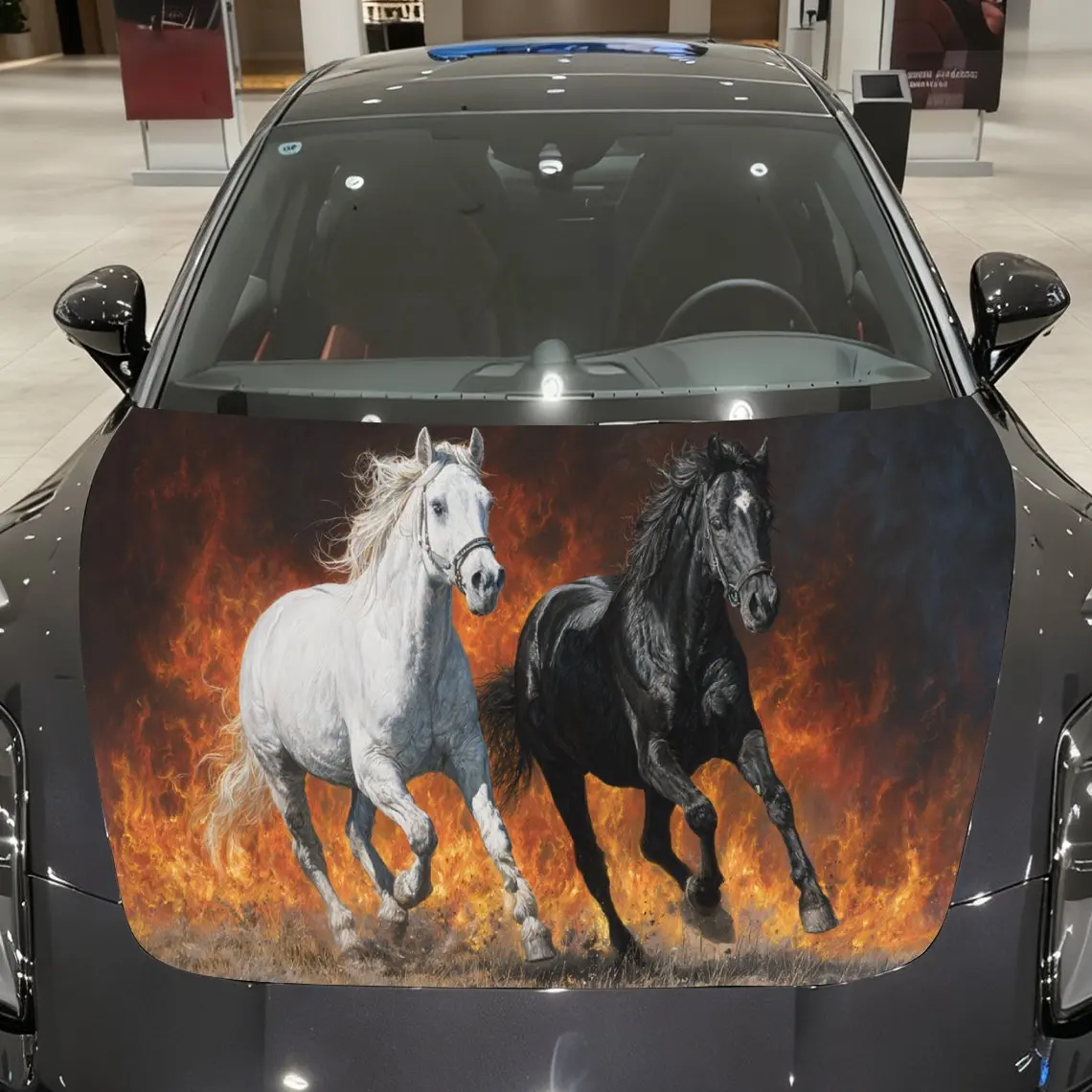 

Автомобильные наклейки Пара белых и черных лошадей в огненной сцены крупным размером, с динамическими галловыми осанками и высоким - контрастным визуальным дра