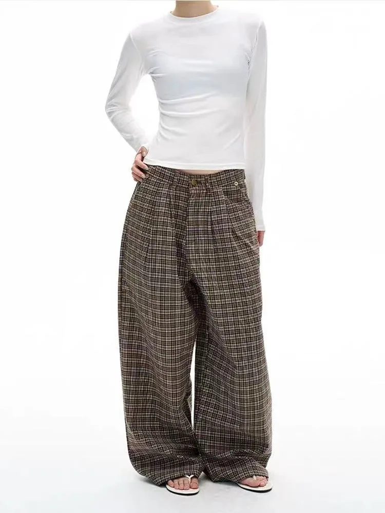 Women Plaid Wide Leg Pants Y2K High Waist Streetwear Loose Sweatpants Bf Autumn Korean All Match Straight Trousers