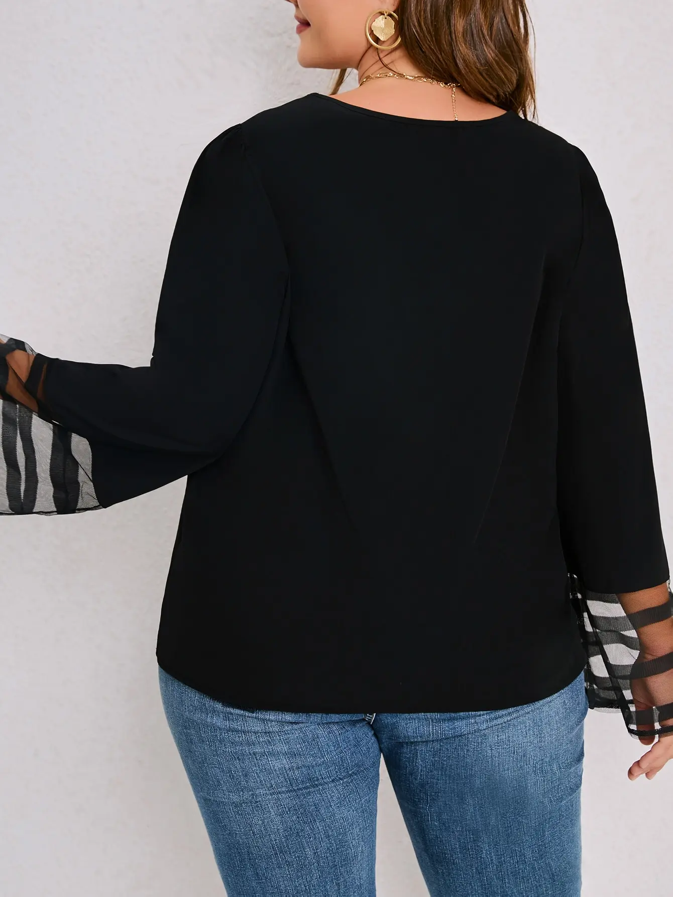 Women's Plus Size Mesh V-Neck Blouse, Elegant Bell Sleeve Top, Striped Sheer Sleeve Chiffon Shirt For Ladies