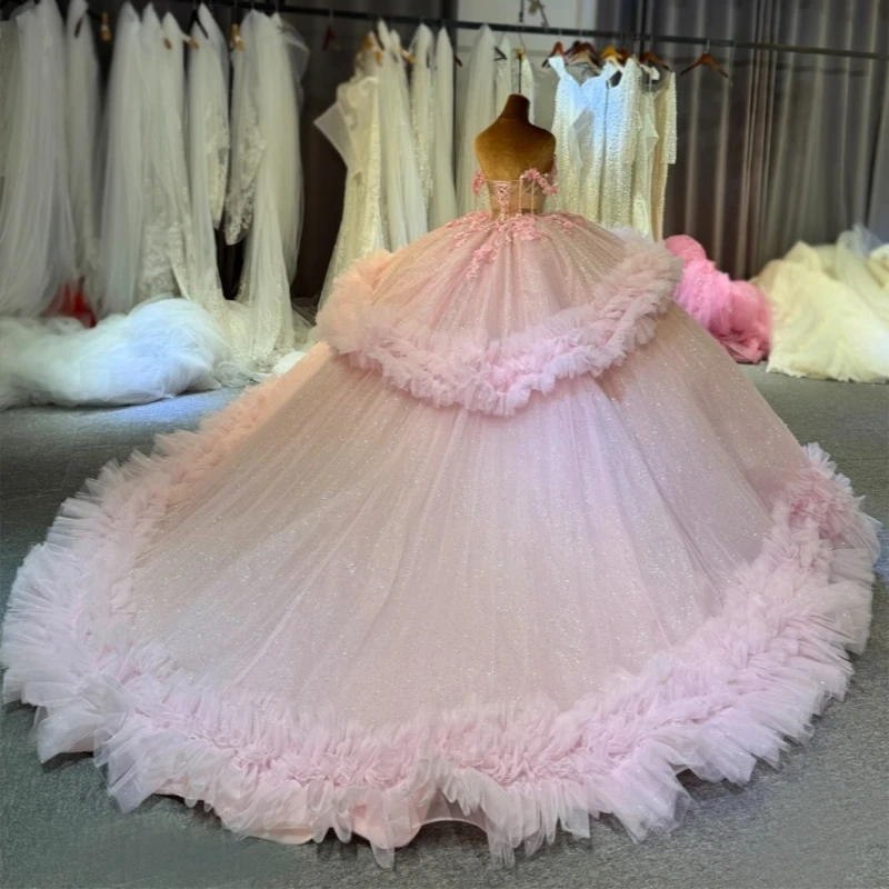 

Pink Shiny Quinceanera Dresses Off The Shoulder Applique Beading Crystal Tiered Tull Corset Party Birthday Sweet 16 Dress