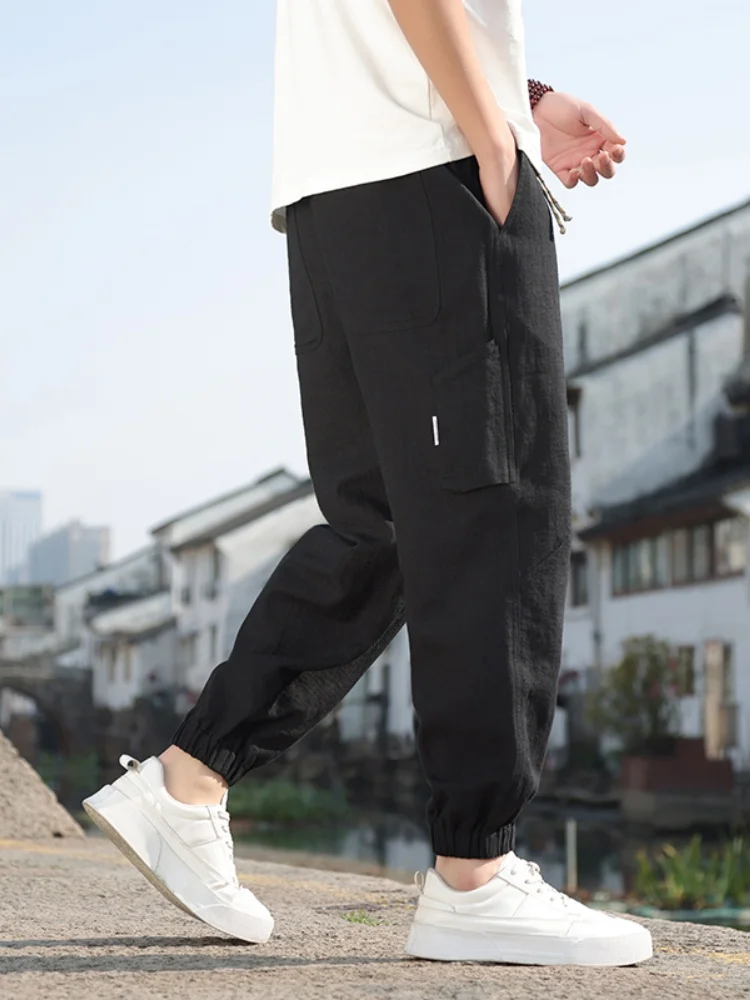 

Новые китайские мужские летние брюки из льна и хлопка свободного кроя с манжетами, дышащие, удобные, легкие, классического цвета