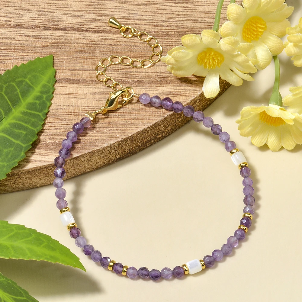 تصميم بوهيمي 3 مم من حجر الجمشت الطبيعي خرز دائري الأوجه وسوار خرز على شكل صدفة للنساء للعطلات والارتداء اليومي #2