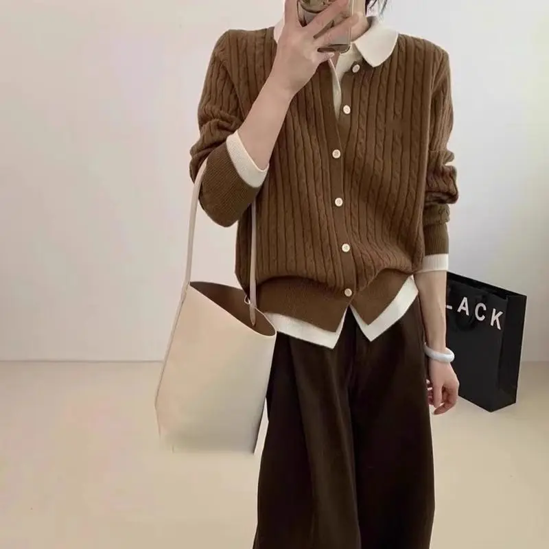 Simplicity Office Lady Autumn Sweaters Women\'s POLO Collar Solid Fake Two Pieces Button Korean Long Sleeve Knitted Cardigan Tops