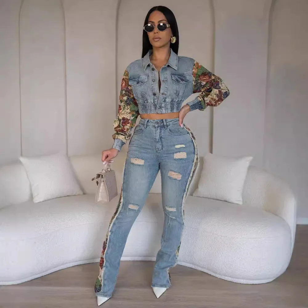 Floral Patchwork Women Denim Two Piece Set Button Up Denim Jackets Distressed Jeans Matching Set 2024 Autumn Winter Outfits