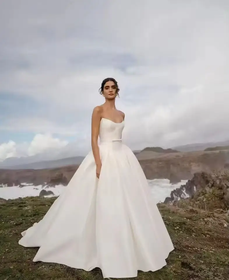 Beliebte Brautkleider aus Satin mit U-Ausschnitt und A-Linie, maßgeschneidert, Brautkleid, Vestido De Noiva