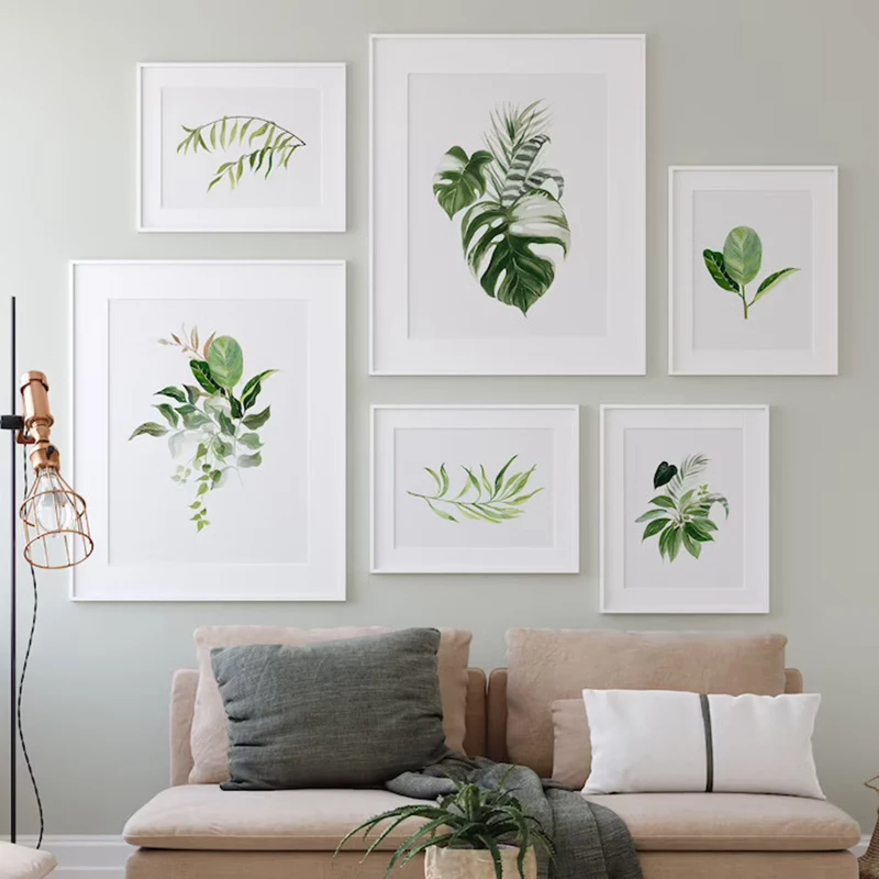 (No frame)Pósteres verdes, plantas de acuarela, hojas, decoración, arte, habitación, pintura impresa para pared, lienzo minim