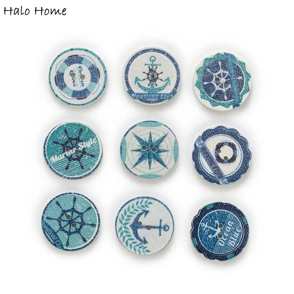 50pcs 2 Colors Round Ship Anchor Printing Wooden Button Handwork Sewing Scrapbooking Clothing Crafts Accessories 15-25mm