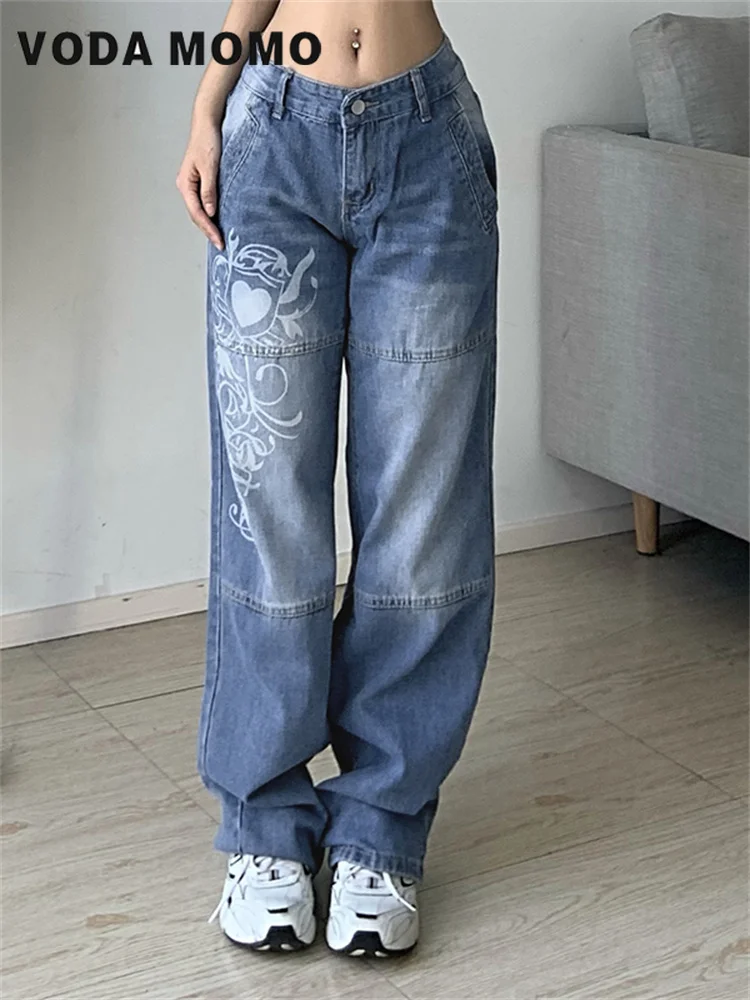 Streetwear Women's Hight Waist Jeans New Spring Autumn Wide Leg Loose Design Sense Casual Cargo Pants Printed Baggy Y2K Jeans