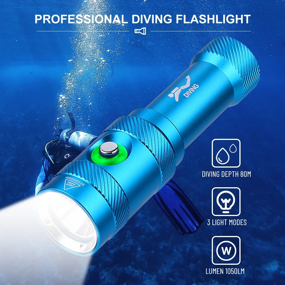 Asafee 80M Underwater 1050LM Diving Flashlight L2 LED Press Switch Lamp IPX8 Waterproof Scuba Lantern 18650 Battery Torch