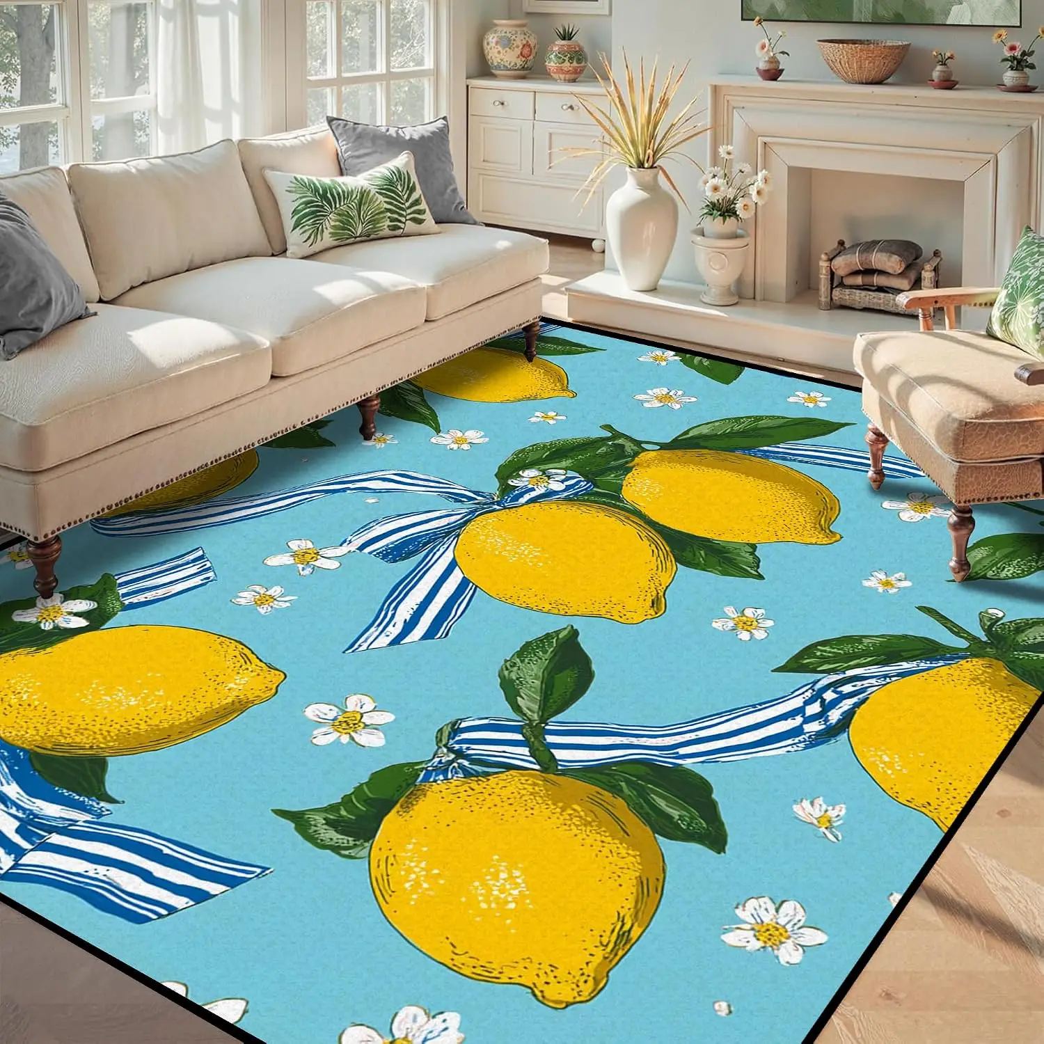 6x9 Large Blue Cartoon Lemon Fruit Area Rug Washable Non Slip Soft Carpet for Entryway Hallway Indoor Outdoor Home Decor