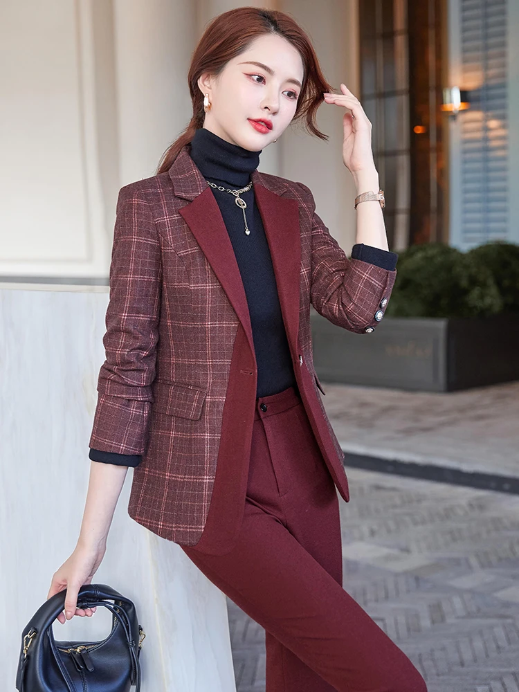 Women's 2 Piece Office Blazer Pants Sets  Business Suits Workplace Ladies Casual Suits Red Blue Plaid Blazer Professional Suit