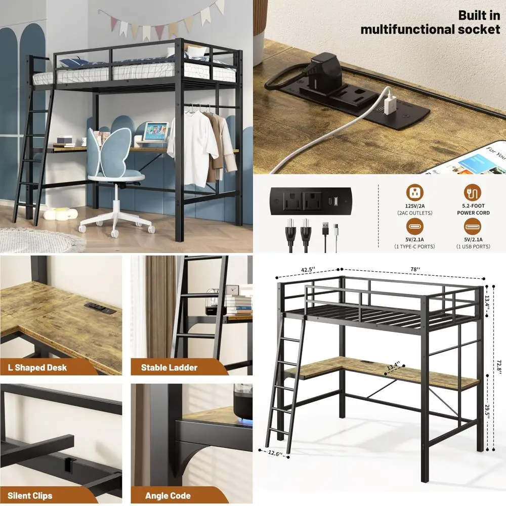 Sturdy Twin Size Metal Loft Bed with L-Shaped Desk, Safety Rail, and Charging Station for Kids