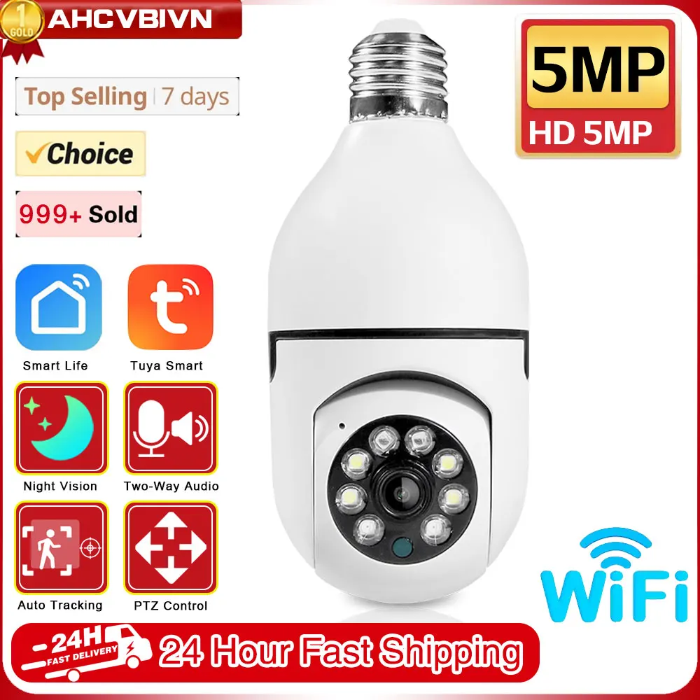 5MP Tuya Wifi E27 Bulb Smart Home Surveillance Protection IP Camera Color NightVision Auto Track Video Security Pet Baby Monitor