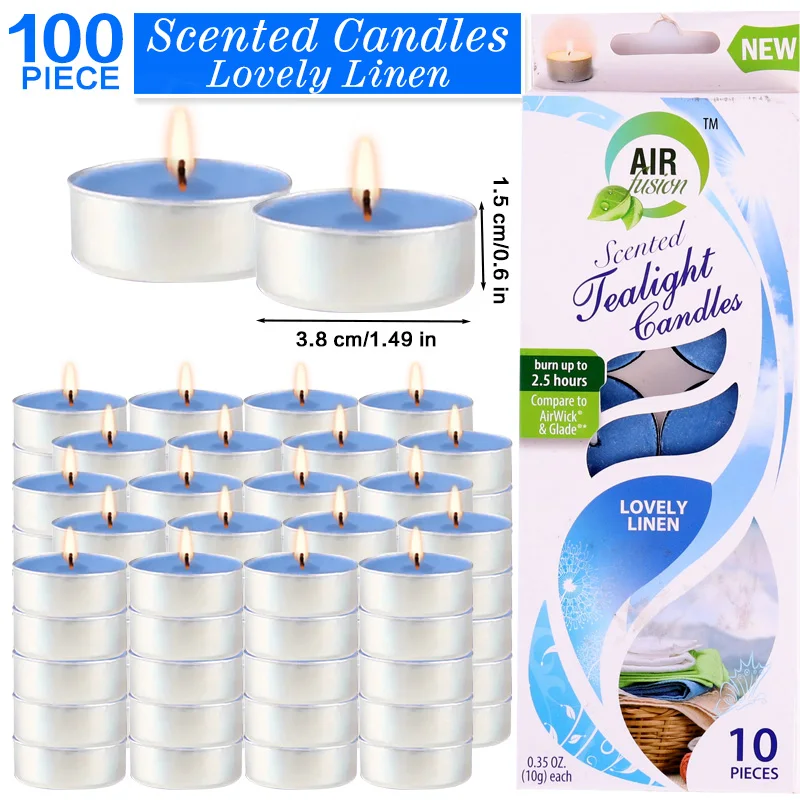 

Air Fusion 100 Count Tea Lights Candles Blue Lovely Linen Scented 2.5 Hours Smoke-free Drip-free And Long-lasting Aromatherapy