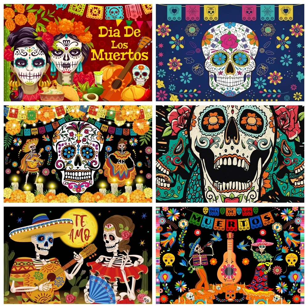 Mexico Day Of The Dead Backdrop Mexican Fiesta Sugar Skull Dia DE Los Muertos Dress-up Party Photography Background Photo Studio