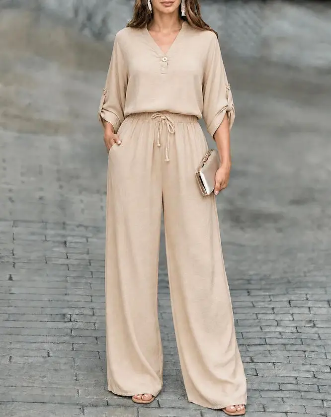 Two Piece Set Women Outfit 2026 Spring Summer New Notch Neck Roll Up Sleeve Top & High Waisted Casual Wide Leg Pants Set