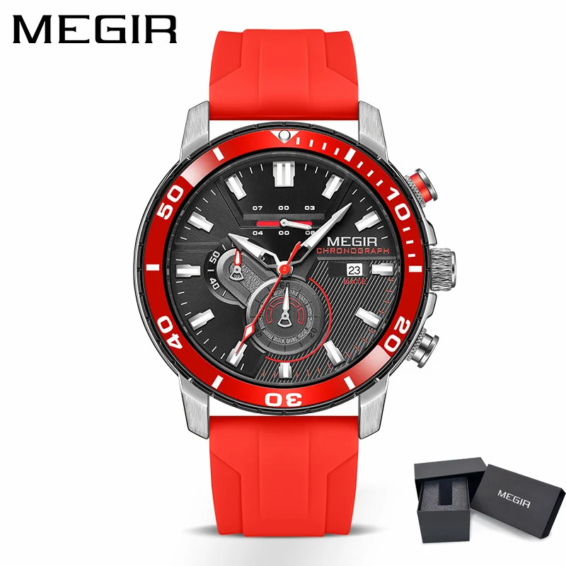 MEGIR 2224 Men Quartz Watch Sport Fashion Creative Cool Orange Silicone Strap Chronograph Luminous Date Wristwatch for Male