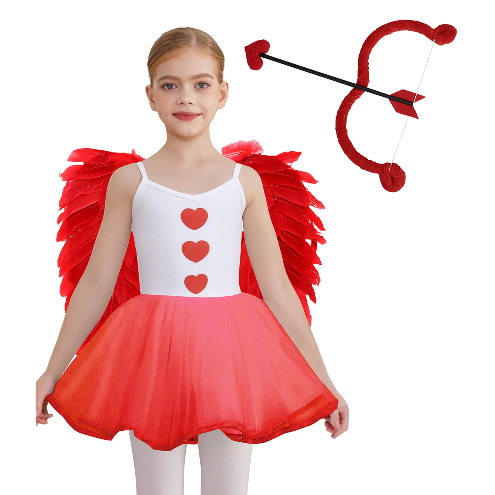 

Halloween Carnival Cupid Cosplay Heart Print Dress And Angel Wings Bow And Heart Shaped Arrow Sets Cupid Fancy Outfit