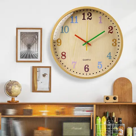 12 Inch Fashion Silent Quartz Clock Color Digital Imitation Wood Wall Clock Living Room Study Kitchen Non Ticking Analog Clock