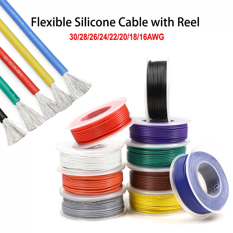 Cable de silicona resistente al calor de 10 colores con carrete 30/28/26/24/22/20/18/16AWG 600V Cable de cobre estañado aislado de goma de silicona