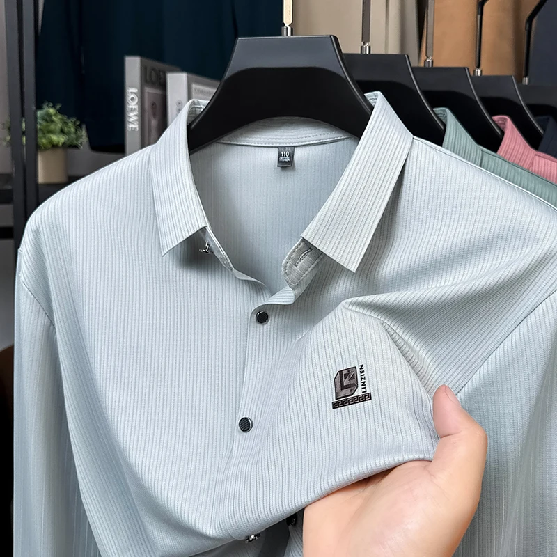 

Quality Luxury Men's Lapel Long Sleeve Shirt Autumn New No Trace Print Top Classics Fashion Business Office Versatile Men'swear