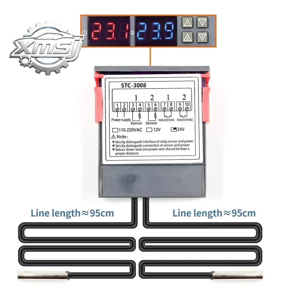 Controlador de temperatura digital dual STC-3008, termostato de salida de dos relés, termorregulador, 10A, calefacción, refrigeración