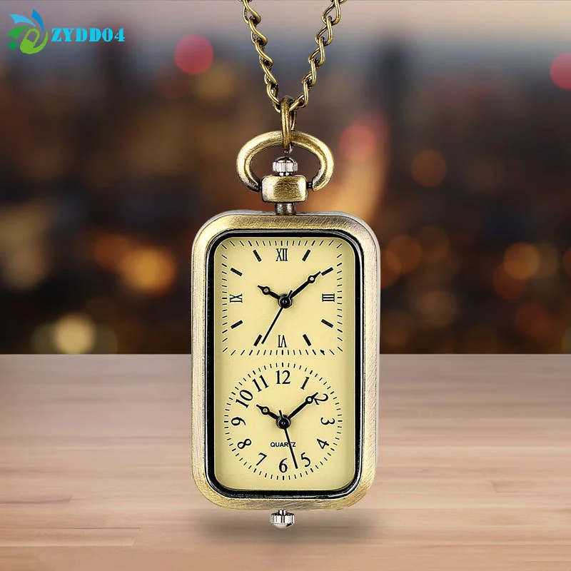 ●Exquisite Watch Bronze Keychain Pocket Watch Square Retro Double Time Movement Quartz Watch Without Cover Antique Style Pendant