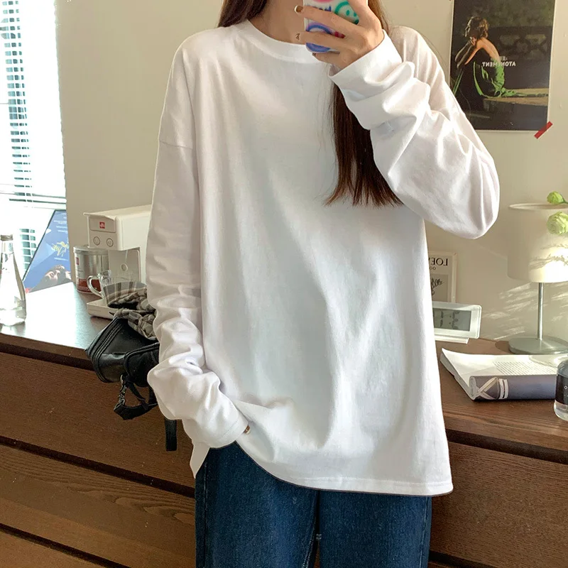 

Loose Long Sleeve T-Shirt Women's Spring Autumn Winter Pure Color Base Layer Korean Style Trendy Student Outerwear Casual Top