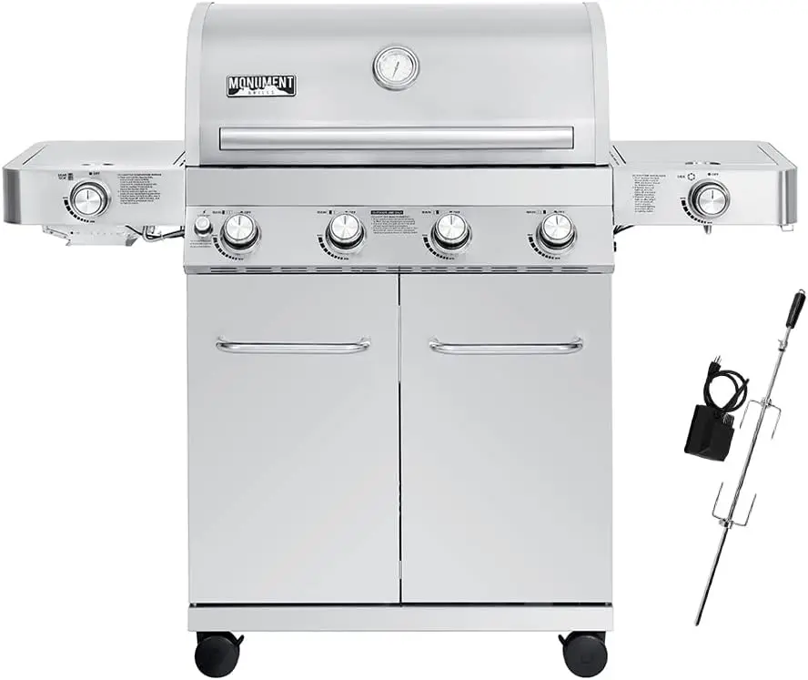 Monument Grills Larger 4-Burner Propane Gas Grills Warming Rack Stainless Steel with Rotisserie Kit(2 Items)